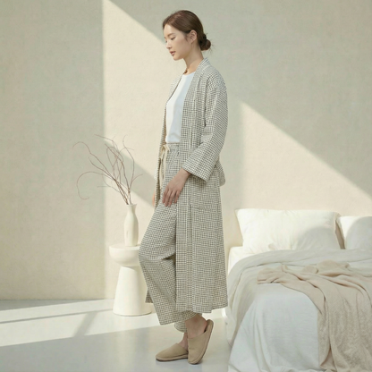 Serenity Check Gauze Robe & Pants Loungewear Set – Navy Check