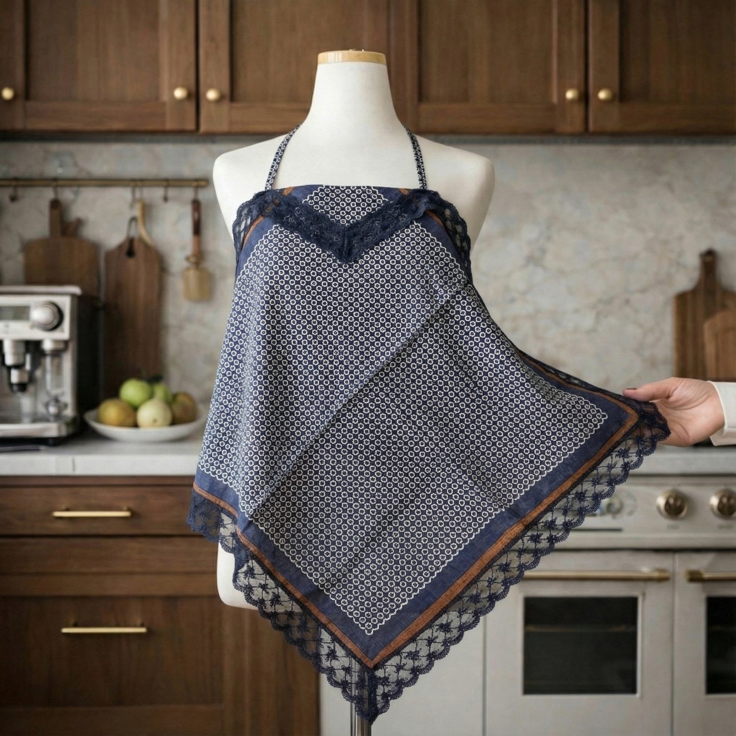 Geometric Chain Print  Etiquette Handkerchief Apron - Olive, Navy
