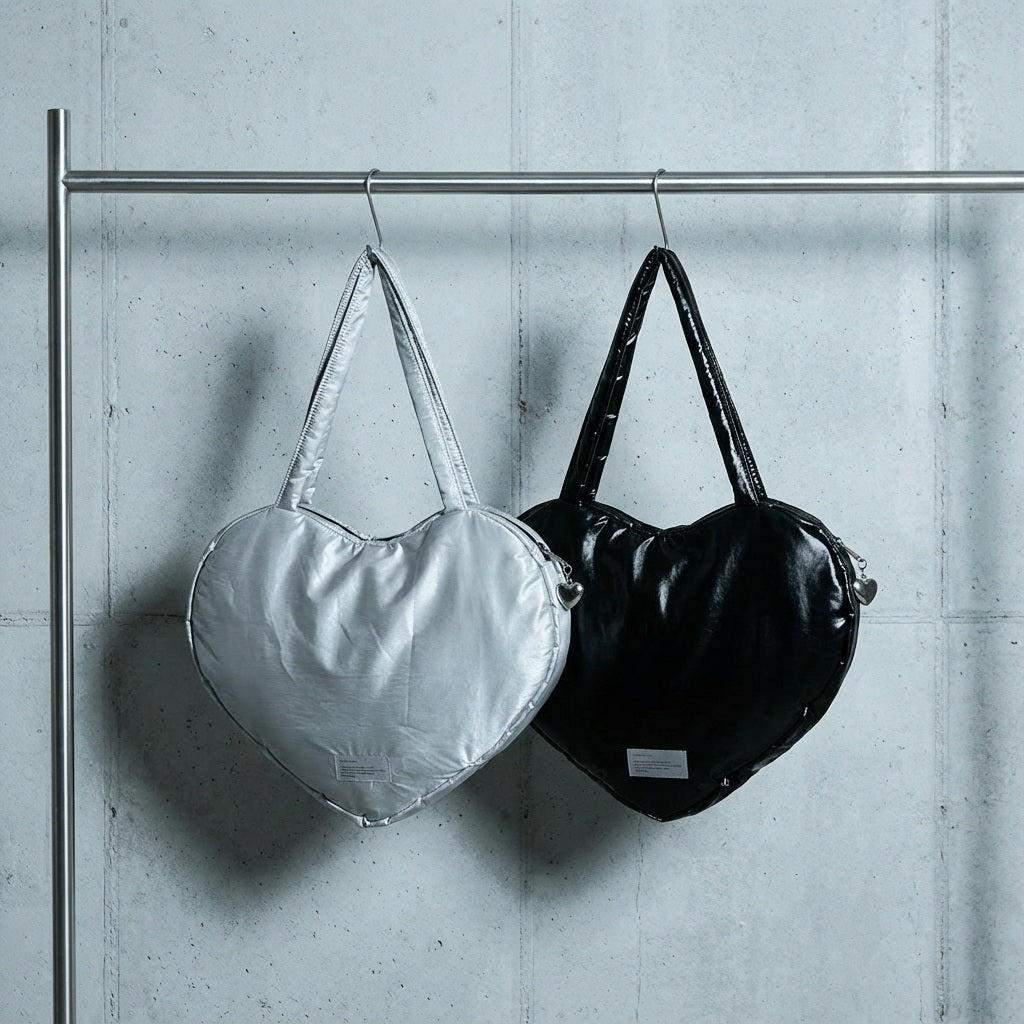 HEART PUFFER SHOULDER BAG - Black, Silver