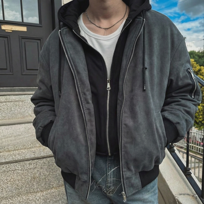 Attached-Layer Hooded Padded Jacket - Charcoal Suede  (Unisex)