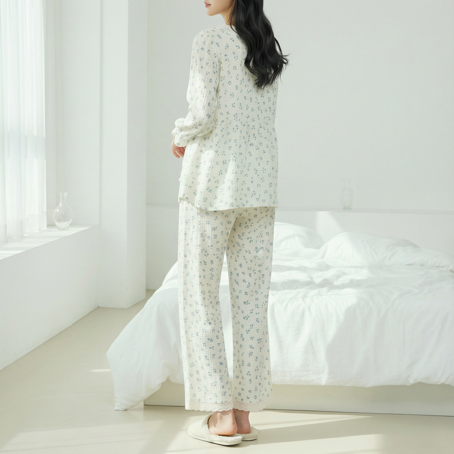 Floral Lace Gauze Loungewear Pajama Set – Women’s One Size