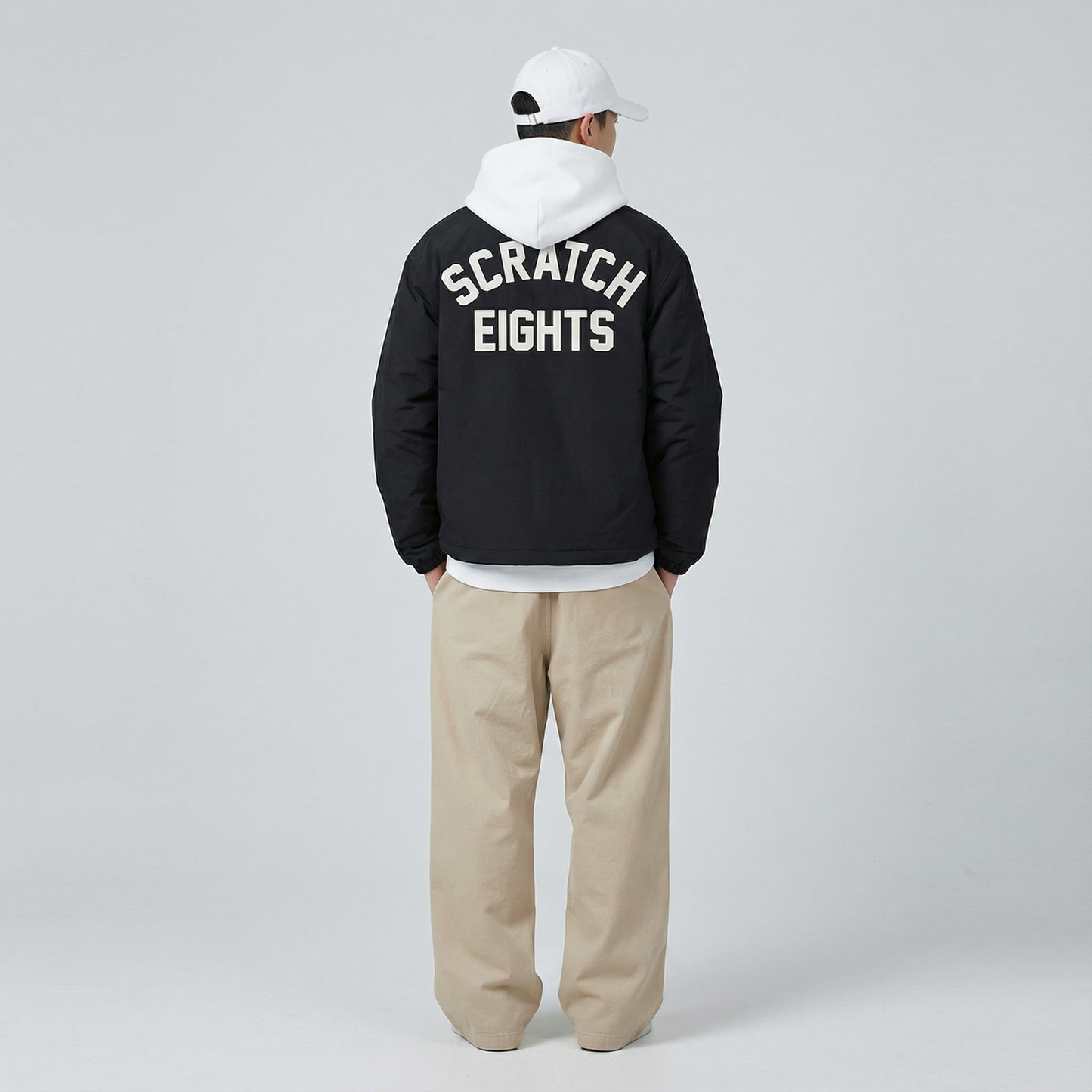 SCRATCH EIGHTS Letter Patch Quilted Coach Jacket  (One Size) - Black