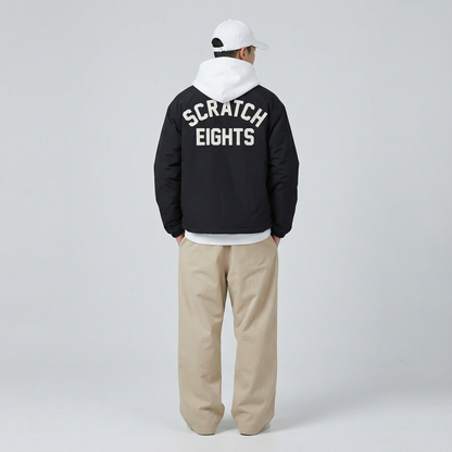 SCRATCH EIGHTS Letter Patch Quilted Coach Jacket  (One Size) - Black