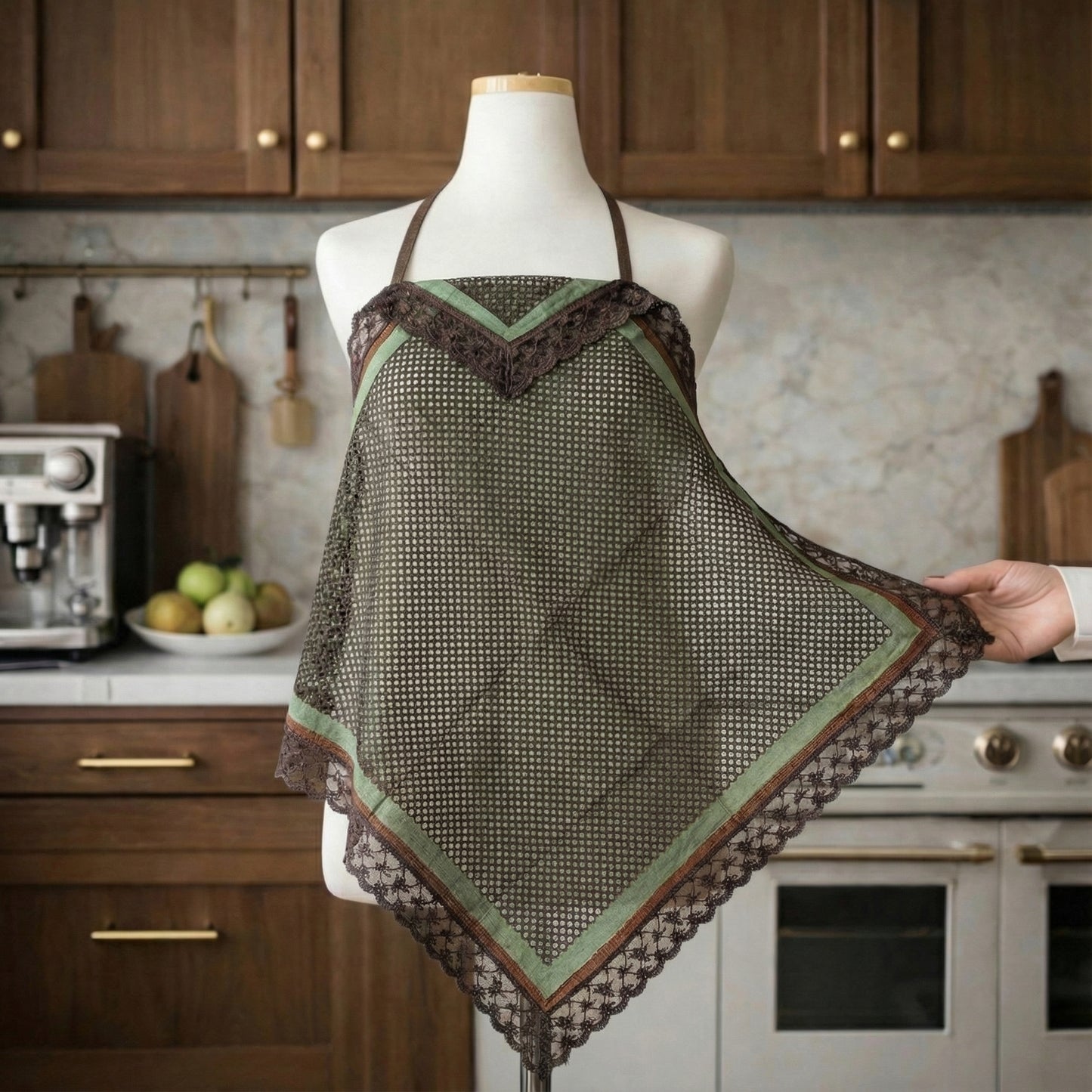 Geometric Chain Print  Etiquette Handkerchief Apron - Olive, Navy