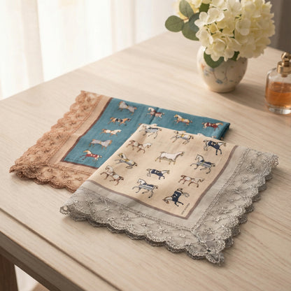 Vintage Horse Etiquette Handkerchief Apron  -  Soft Beige ,  Teal