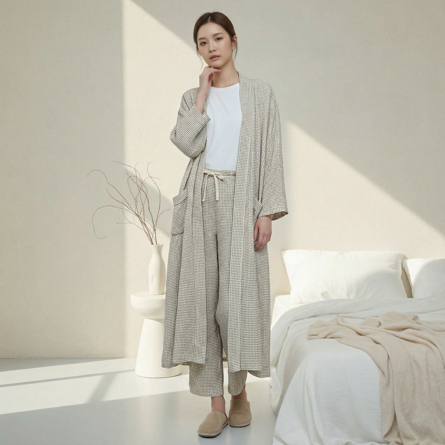 Serenity Check Gauze Robe & Pants Loungewear Set – Navy Check