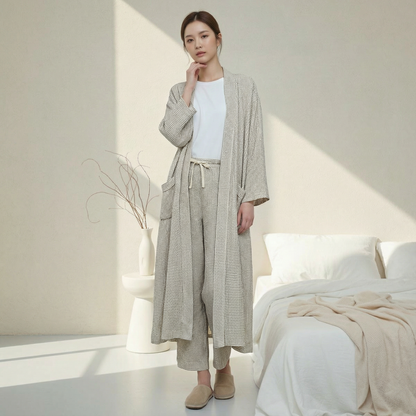 Serenity Check Gauze Robe & Pants Loungewear Set – Navy Check