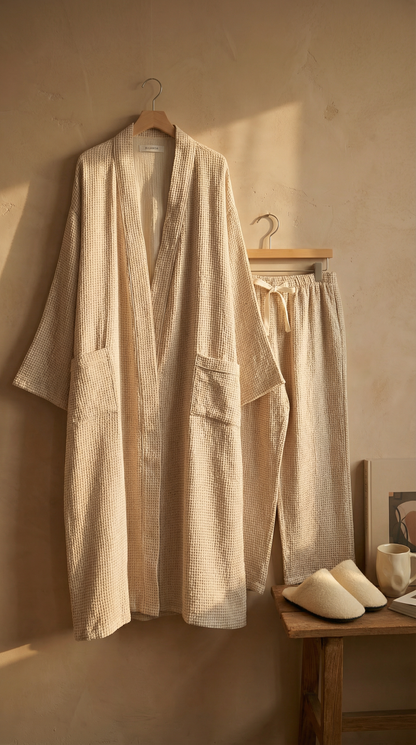 Serenity Check Gauze Robe & Pants Loungewear Set – Cinnamon Check