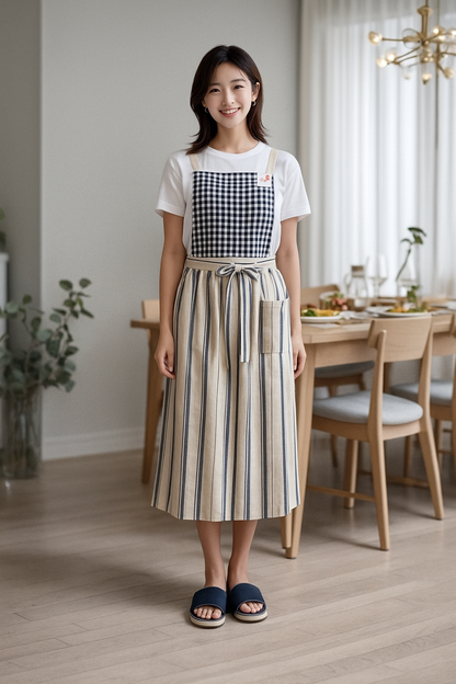 French Country Check & Stripe Apron – Navy