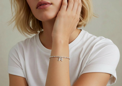 Bow Charm Beaded Bracelet in Sterling Silver