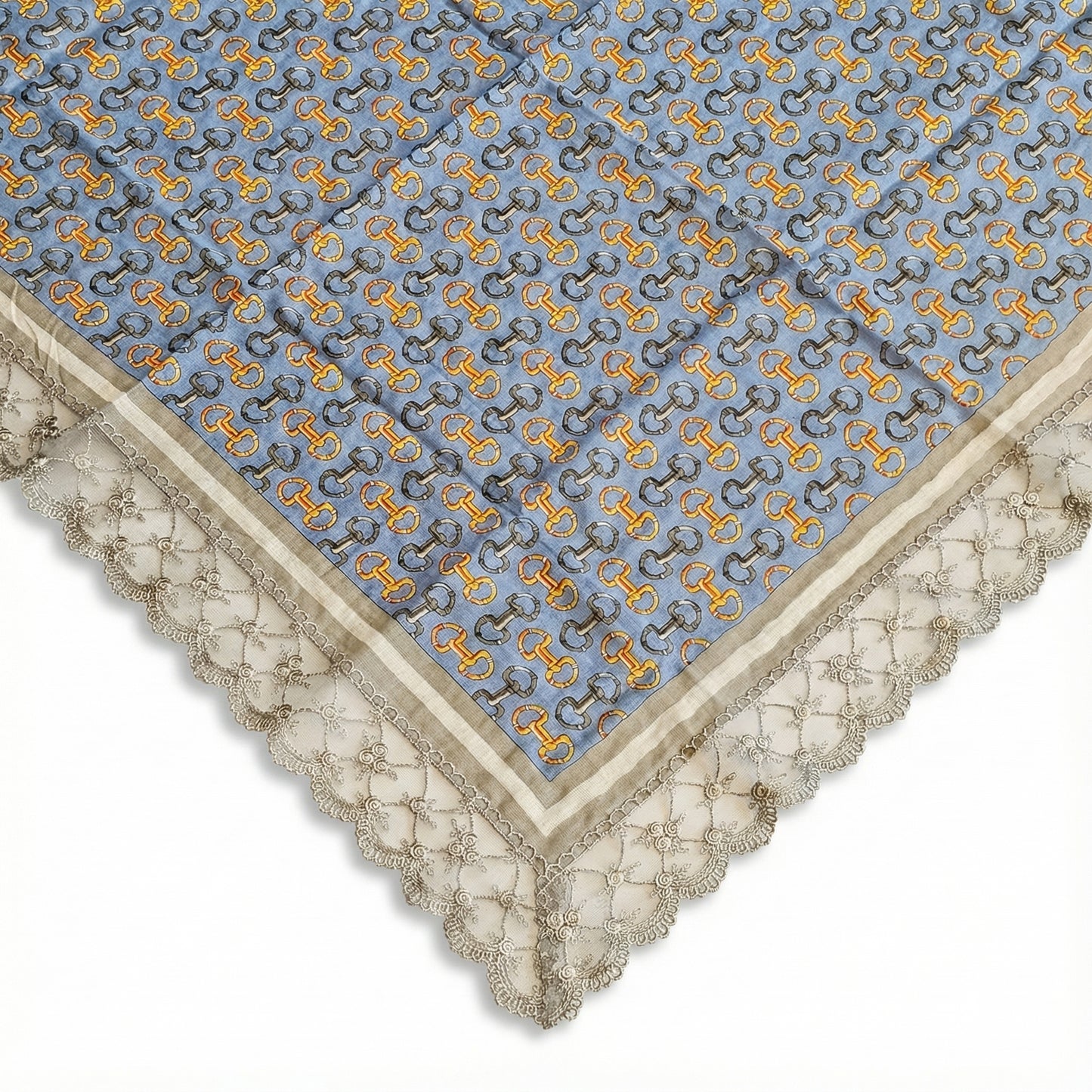 Vintage Chain Etiquette Handkerchief Apron -  Ivory ,  Dusty Blue