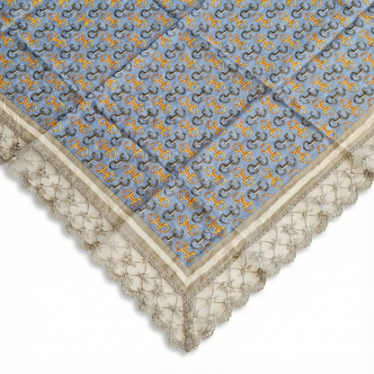 Vintage Chain Etiquette Handkerchief Apron -  Ivory ,  Dusty Blue