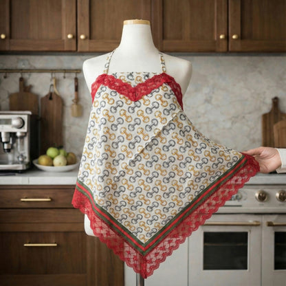 Vintage Chain Etiquette Handkerchief Apron -  Ivory ,  Dusty Blue
