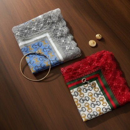 Vintage Chain Etiquette Handkerchief Apron -  Ivory ,  Dusty Blue