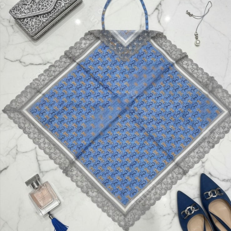 Vintage Chain Etiquette Handkerchief Apron -  Ivory ,  Dusty Blue