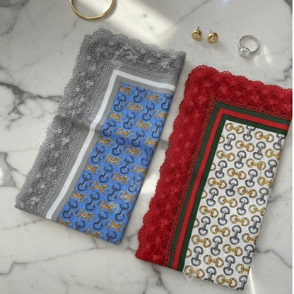 Vintage Chain Etiquette Handkerchief Apron -  Ivory ,  Dusty Blue