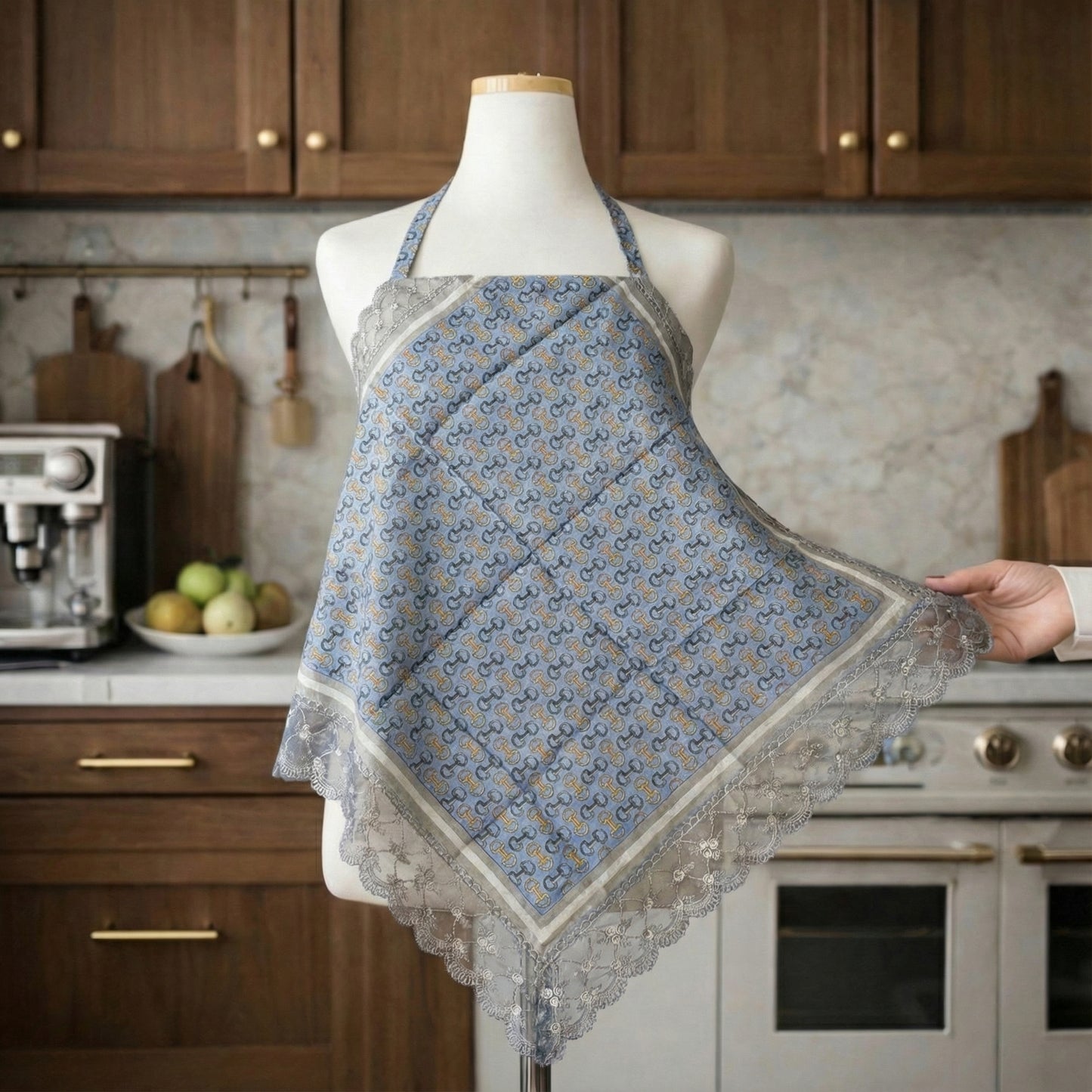 Vintage Chain Etiquette Handkerchief Apron -  Ivory ,  Dusty Blue