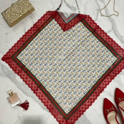 Vintage Chain Etiquette Handkerchief Apron -  Ivory ,  Dusty Blue