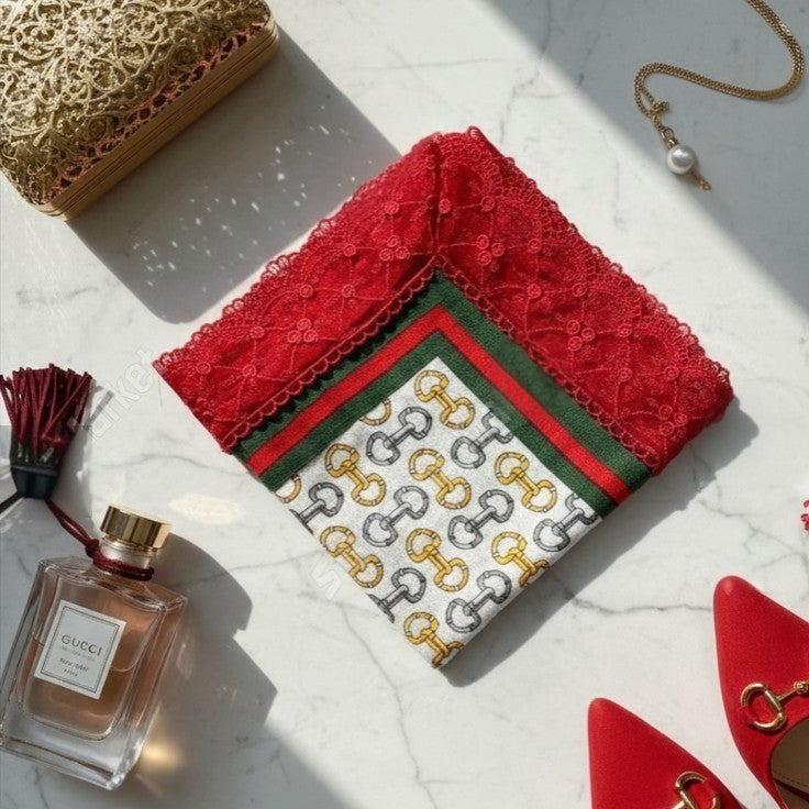 Vintage Chain Etiquette Handkerchief Apron -  Ivory ,  Dusty Blue