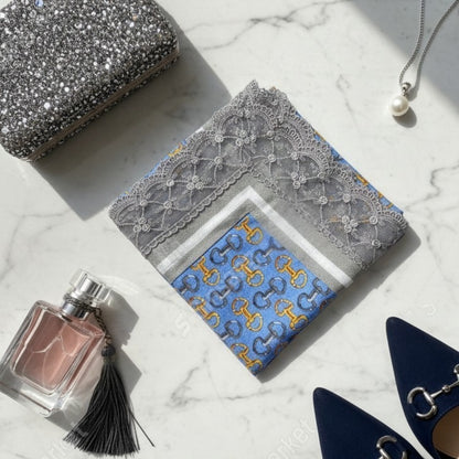 Vintage Chain Etiquette Handkerchief Apron -  Ivory ,  Dusty Blue