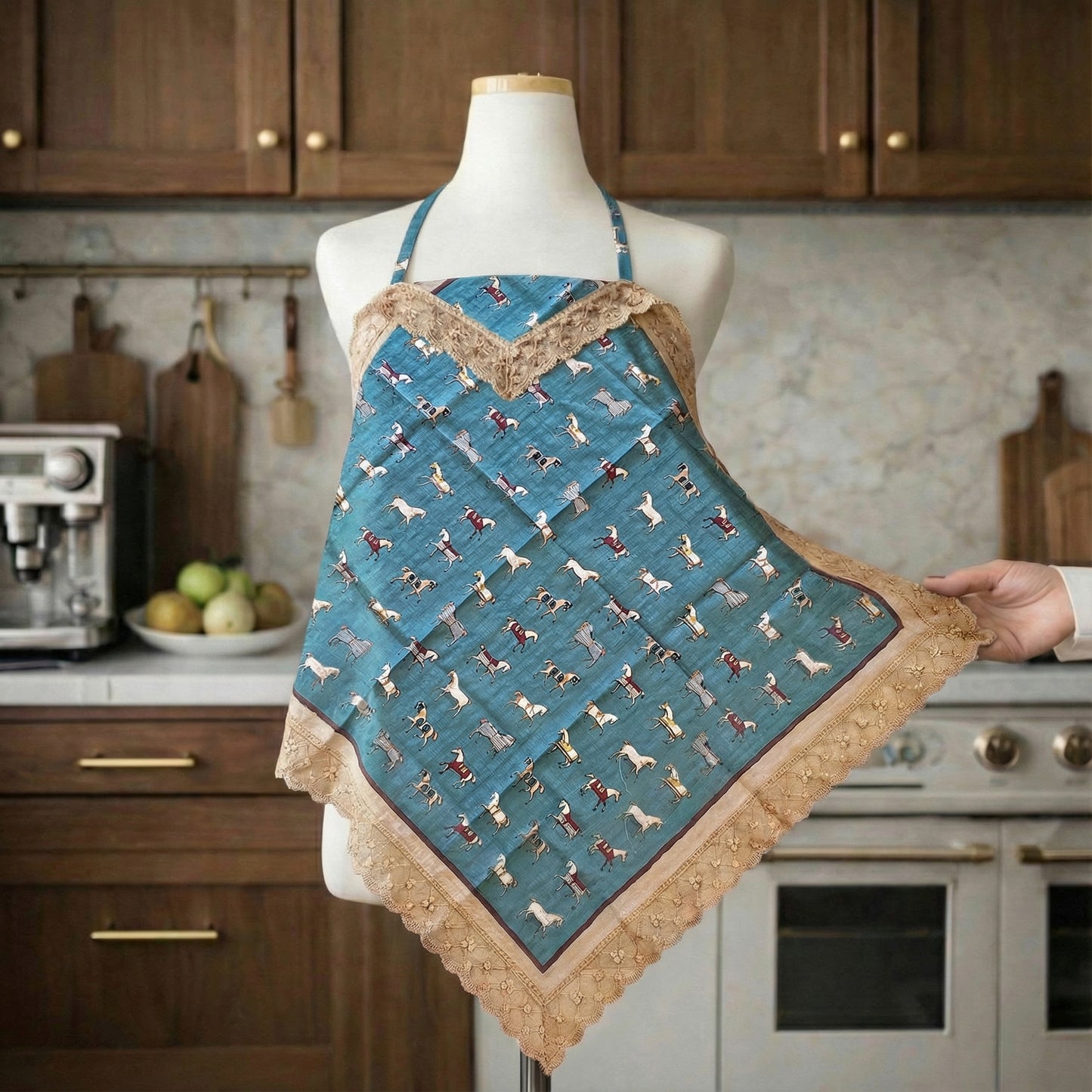 Vintage Horse Etiquette Handkerchief Apron  -  Soft Beige ,  Teal