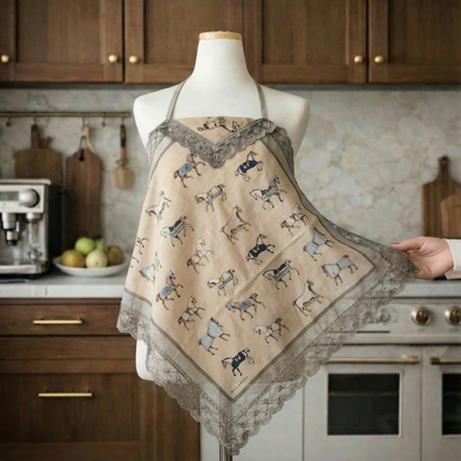Vintage Horse Etiquette Handkerchief Apron  -  Soft Beige ,  Teal