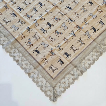 Vintage Horse Etiquette Handkerchief Apron  -  Soft Beige ,  Teal