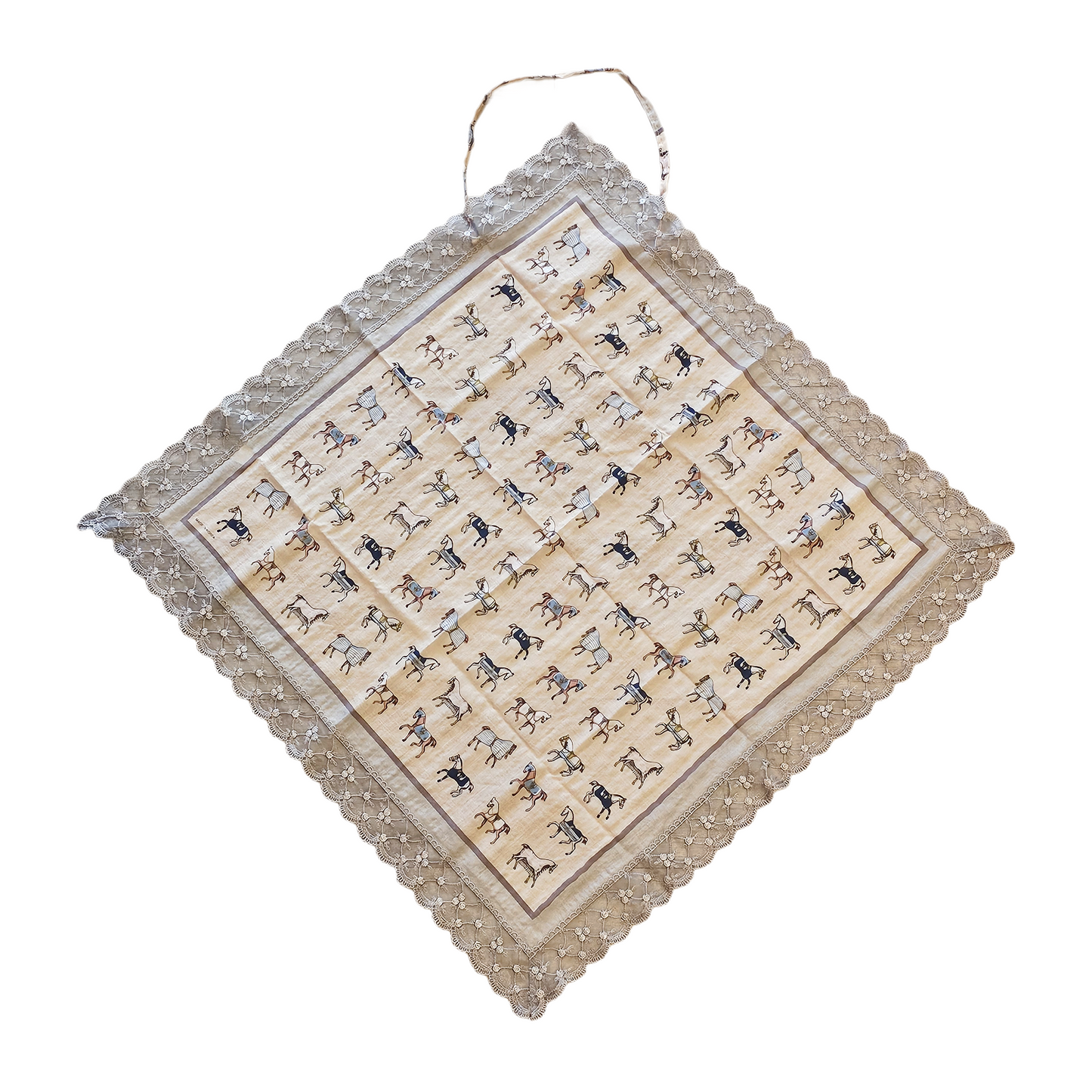 Vintage Horse Etiquette Handkerchief Apron  -  Soft Beige ,  Teal