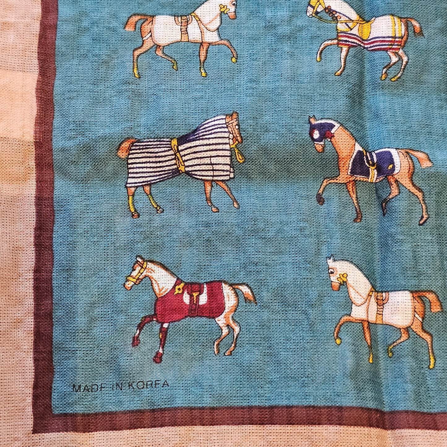 Vintage Horse Etiquette Handkerchief Apron  -  Soft Beige ,  Teal