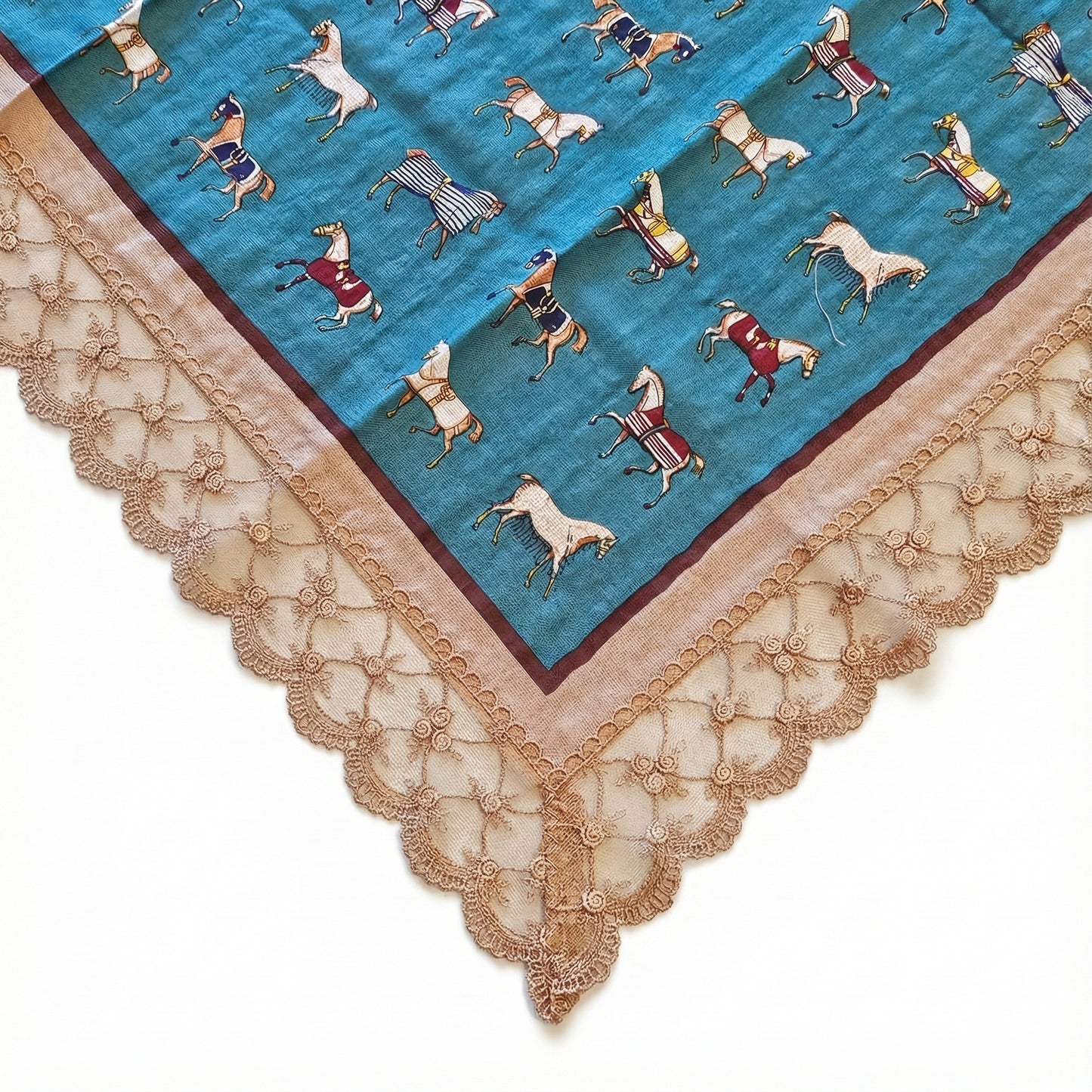 Vintage Horse Etiquette Handkerchief Apron  -  Soft Beige ,  Teal