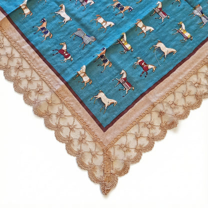 Vintage Horse Etiquette Handkerchief Apron  -  Soft Beige ,  Teal