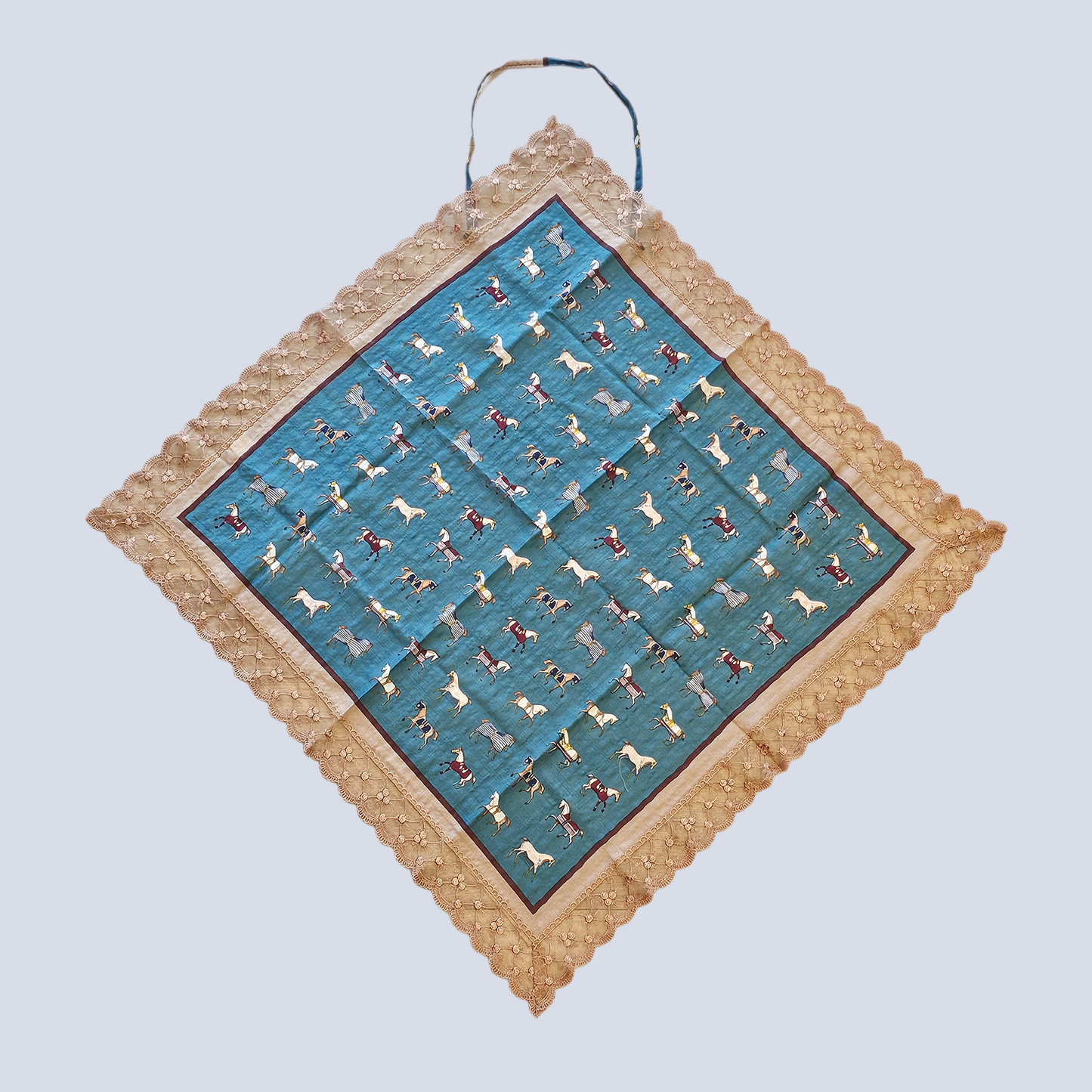 Vintage Horse Etiquette Handkerchief Apron  -  Soft Beige ,  Teal