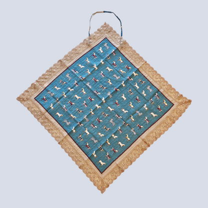 Vintage Horse Etiquette Handkerchief Apron  -  Soft Beige ,  Teal