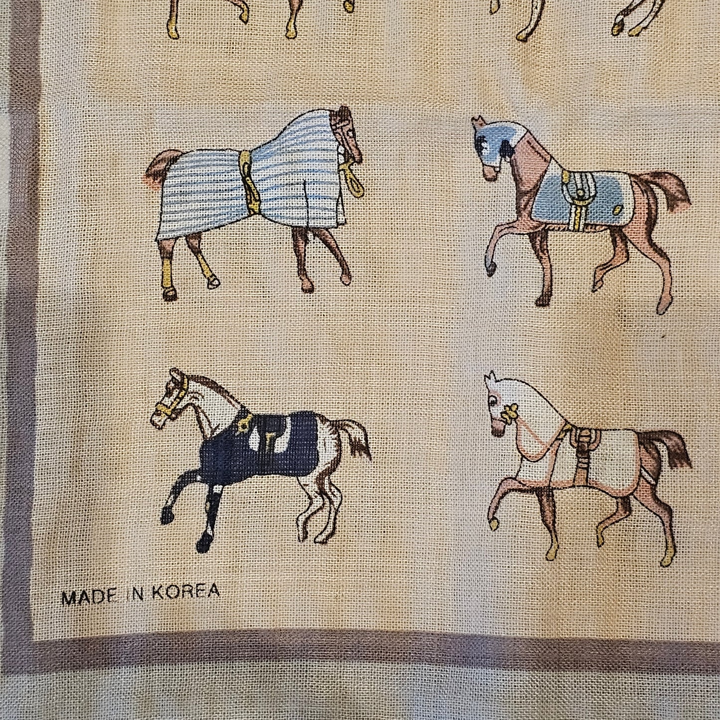 Vintage Horse Etiquette Handkerchief Apron  -  Soft Beige ,  Teal