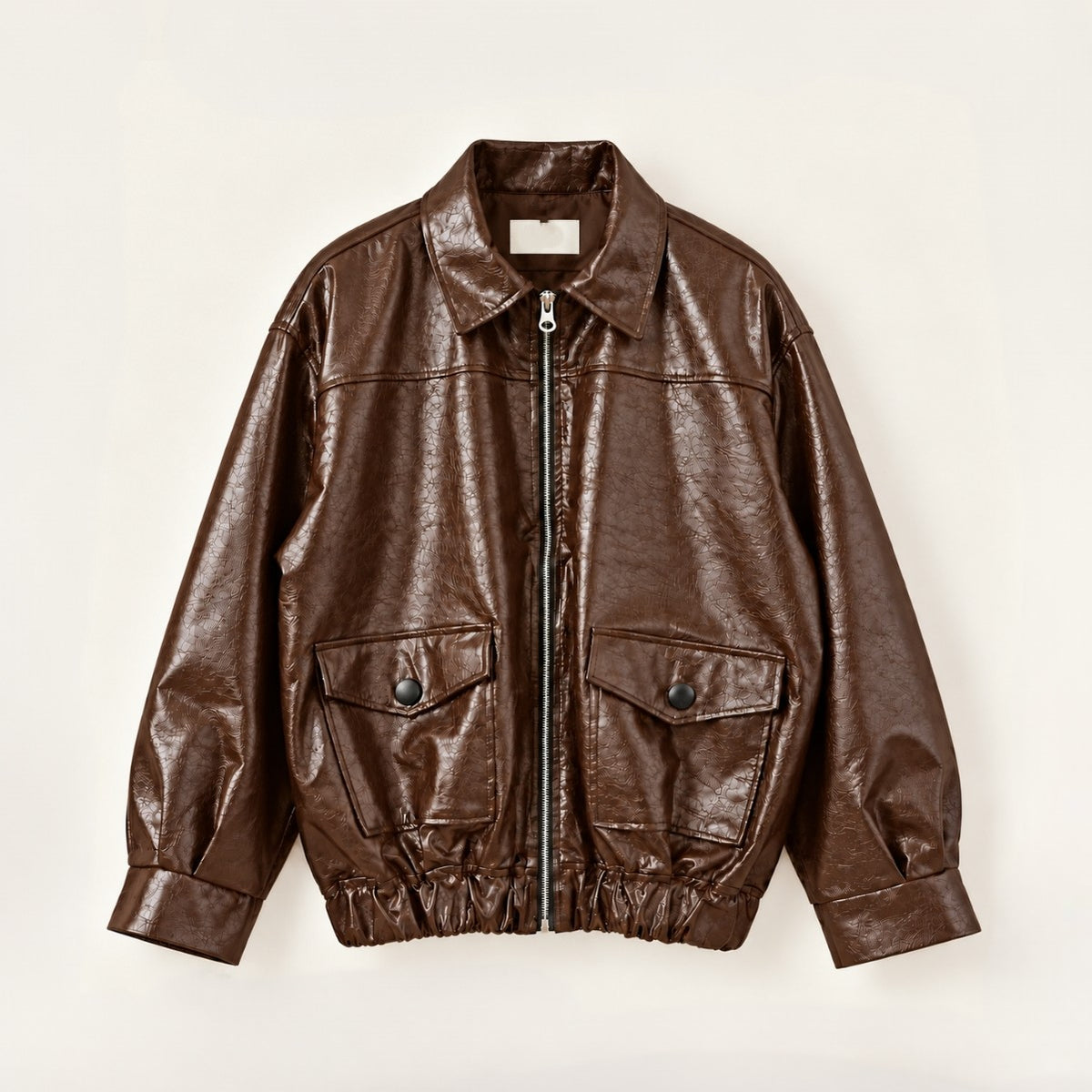 Glossy Crinkle Vegan Leather Convertible Collar Jacket - Women One Size
