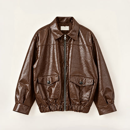 Glossy Crinkle Vegan Leather Convertible Collar Jacket - Women One Size