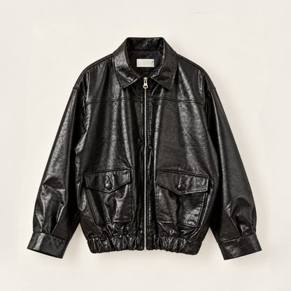 Glossy Crinkle Vegan Leather Convertible Collar Jacket - Women One Size