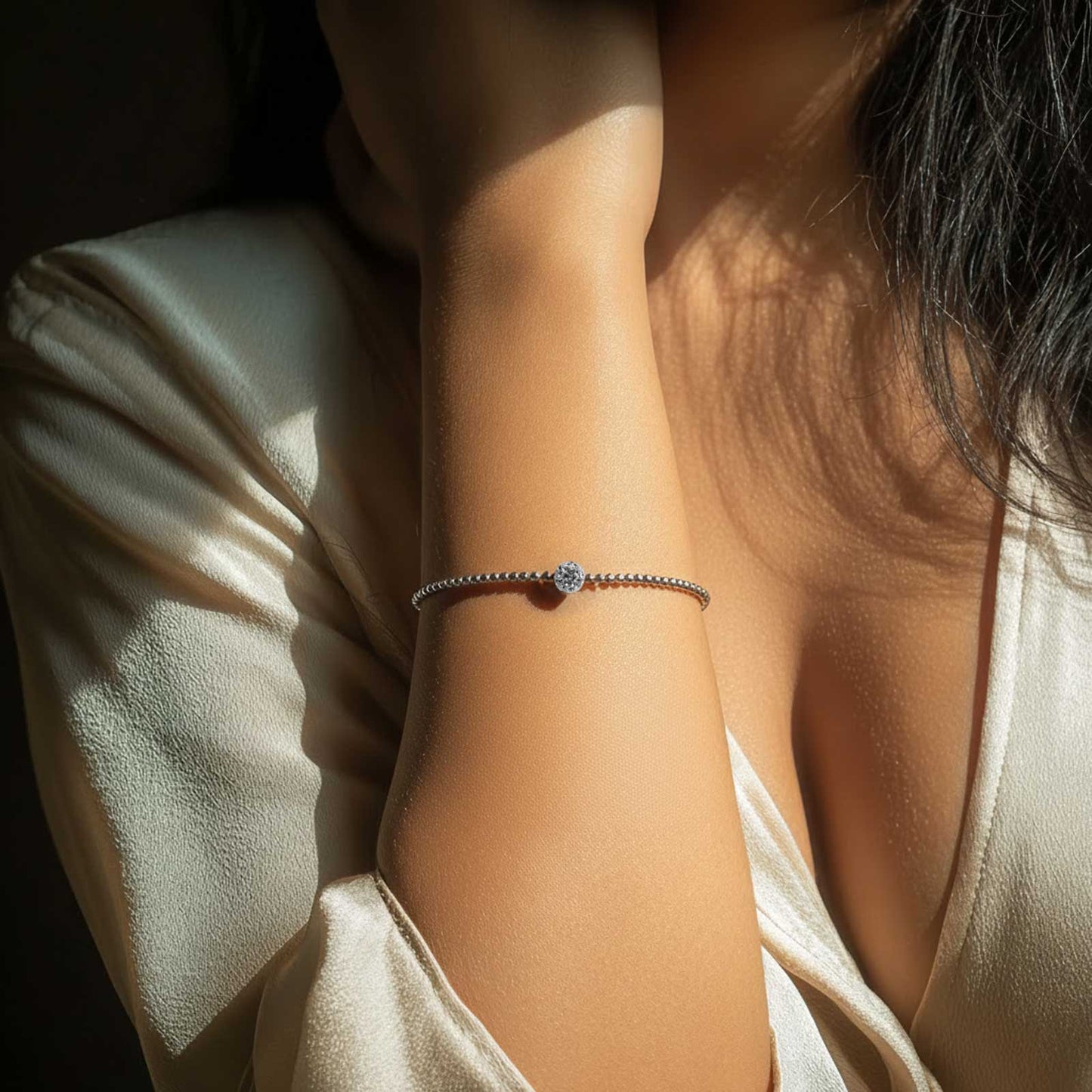 Elastic Silver Beaded Sparkle Ball Bracelet