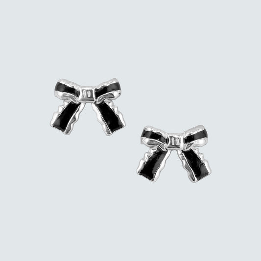 Noir Enamel Ribbon Stud Earrings in Sterling Silver