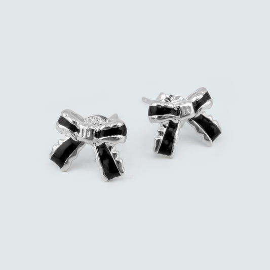 Noir Enamel Ribbon Stud Earrings in Sterling Silver