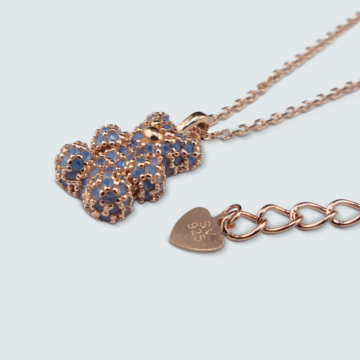 Sparkle Bear Necklace in Rose Gold Coated Silver with Grey-Blue Cubics