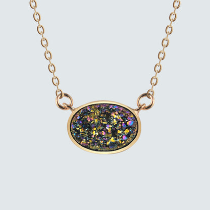 Iridescent Oval Druzy Pendant Necklace in Gold Coating