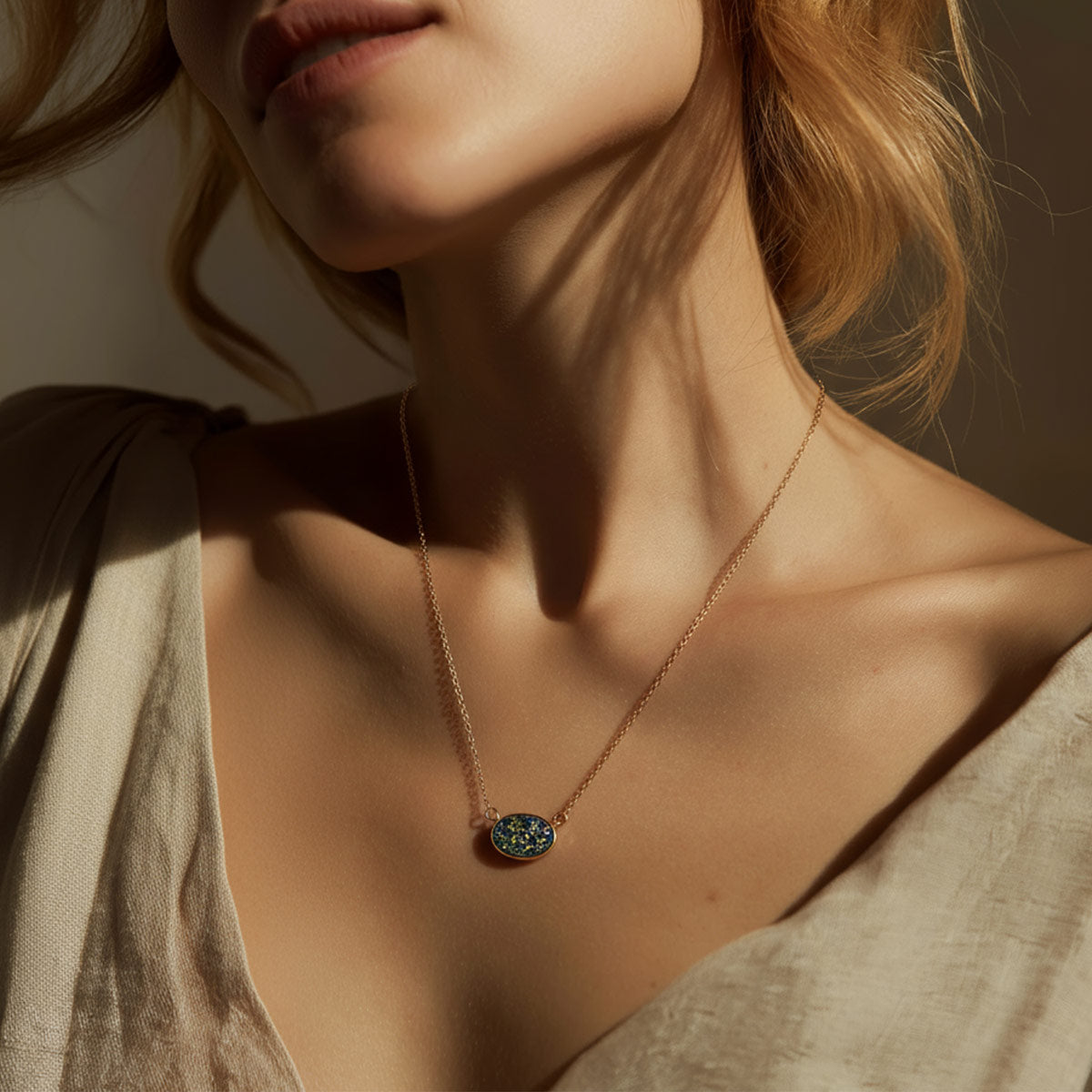 Iridescent Oval Druzy Pendant Necklace in Gold Coating