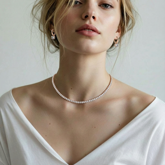 Belle Luxe Rose Tennis Necklace & Belle Éclat Drop Earrings – 18K Rose Gold Vermeil Jewelry Set