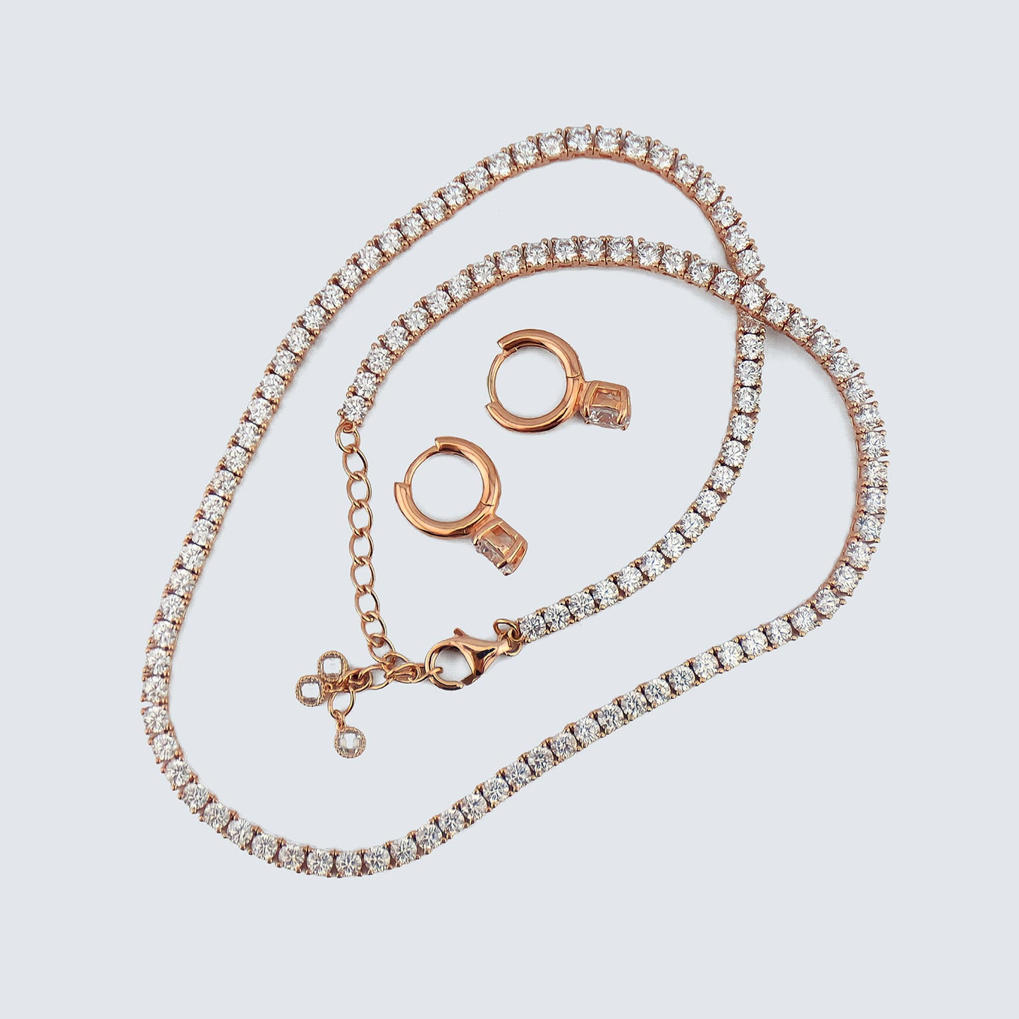 Belle Luxe Rose Tennis Necklace & Belle Éclat Drop Earrings – 18K Rose Gold Vermeil Jewelry Set