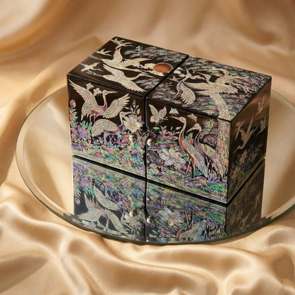 JAGAE (Korean Mother of Pearl) Jewelry Box – Classic Black Crane & Butterfly Design