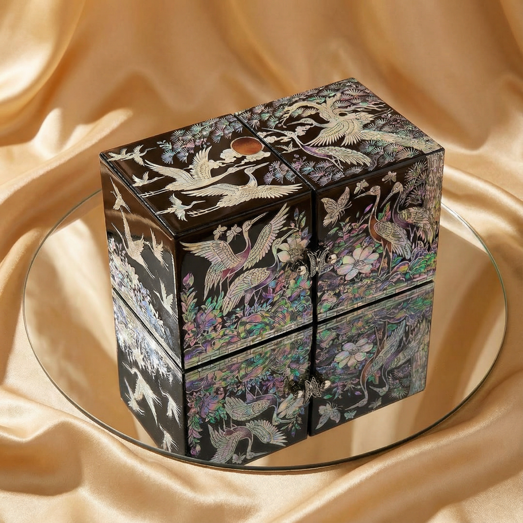 JAGAE (Korean Mother of Pearl) Jewelry Box – Classic Black Crane & Butterfly Design