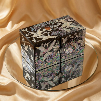 JAGAE (Korean Mother of Pearl) Jewelry Box – Classic Black Crane & Butterfly Design