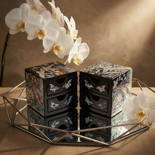 JAGAE (Korean Mother of Pearl) Jewelry Box – Classic Black Crane & Butterfly Design