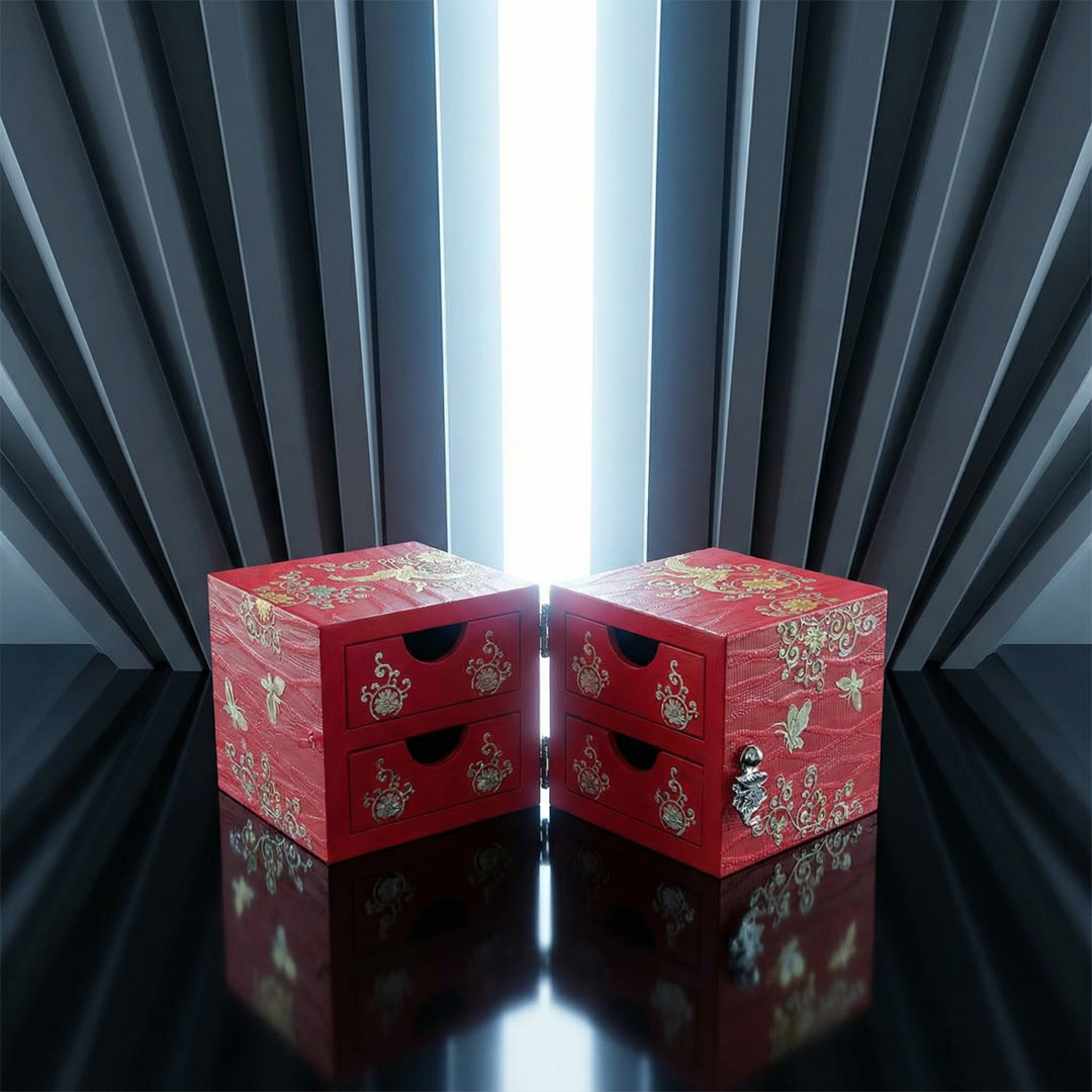 JAGAE (Korean Mother of Pearl) Jewelry Box – Red Sambe Wood & Butterfly Inlay